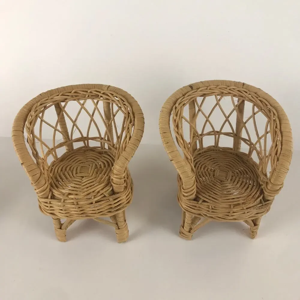 Vintage Fashion Doll Wicker Rattan Toy Furniture Set Loveseat Chair Table Mini